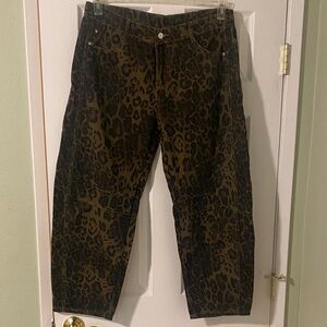Women's Leopard Print Utility Jeans - Olive/Black